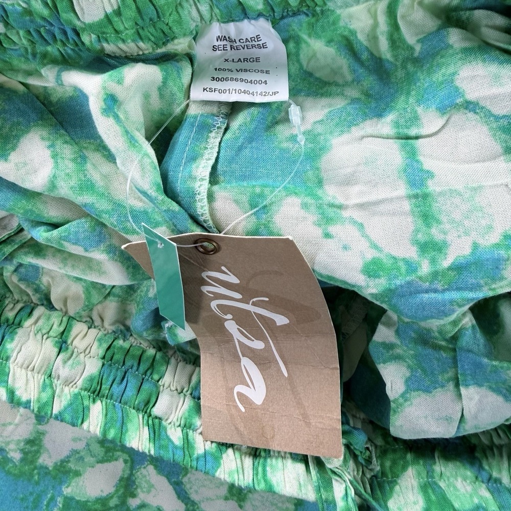 Utsa Women's Size XLarge Wide Leg Green & Turquoise Block Print Drawstring Pants - Picture 6 of 7